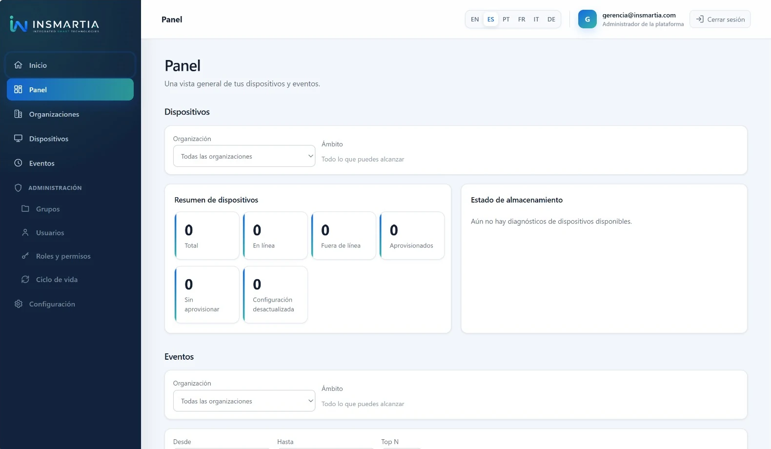 Pannello web della piattaforma Insmartia con il riepilogo dei dispositivi